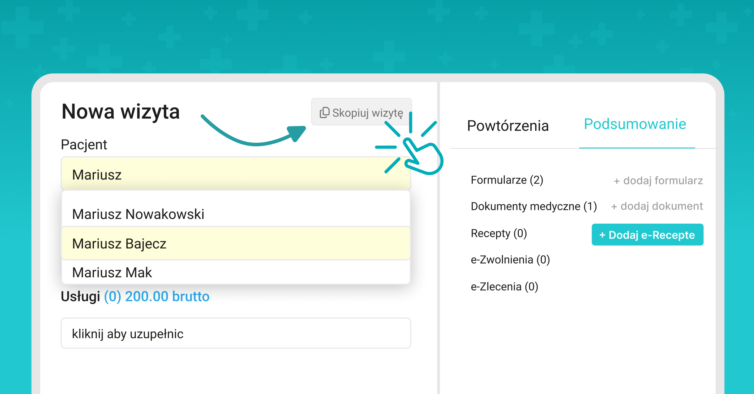 Dodawanie pacjenta na wizytę