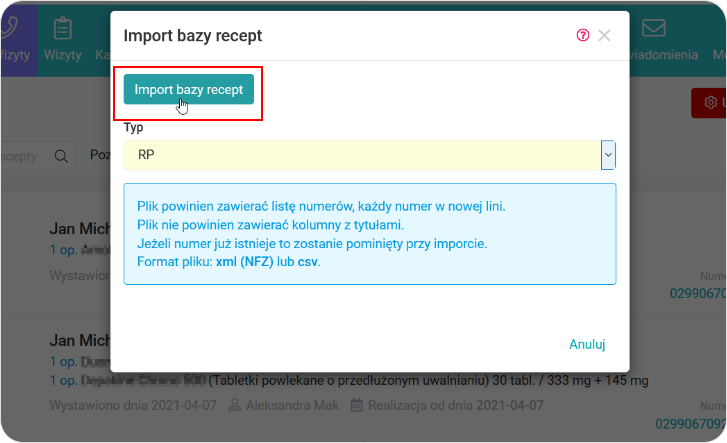 Import numerów recept z SNRL