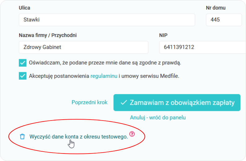 Czyszczenie konta po okresie testowym