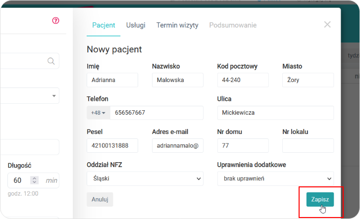 Kalendarz Dodawanie Nowego Pacjenta Program Do Gabinetu 6002