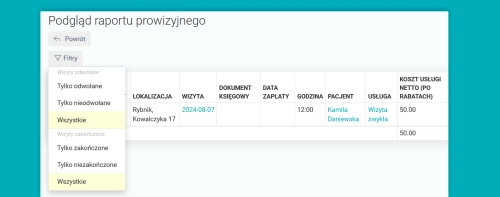 Filtrowanie w raporcie prowizyjnym 