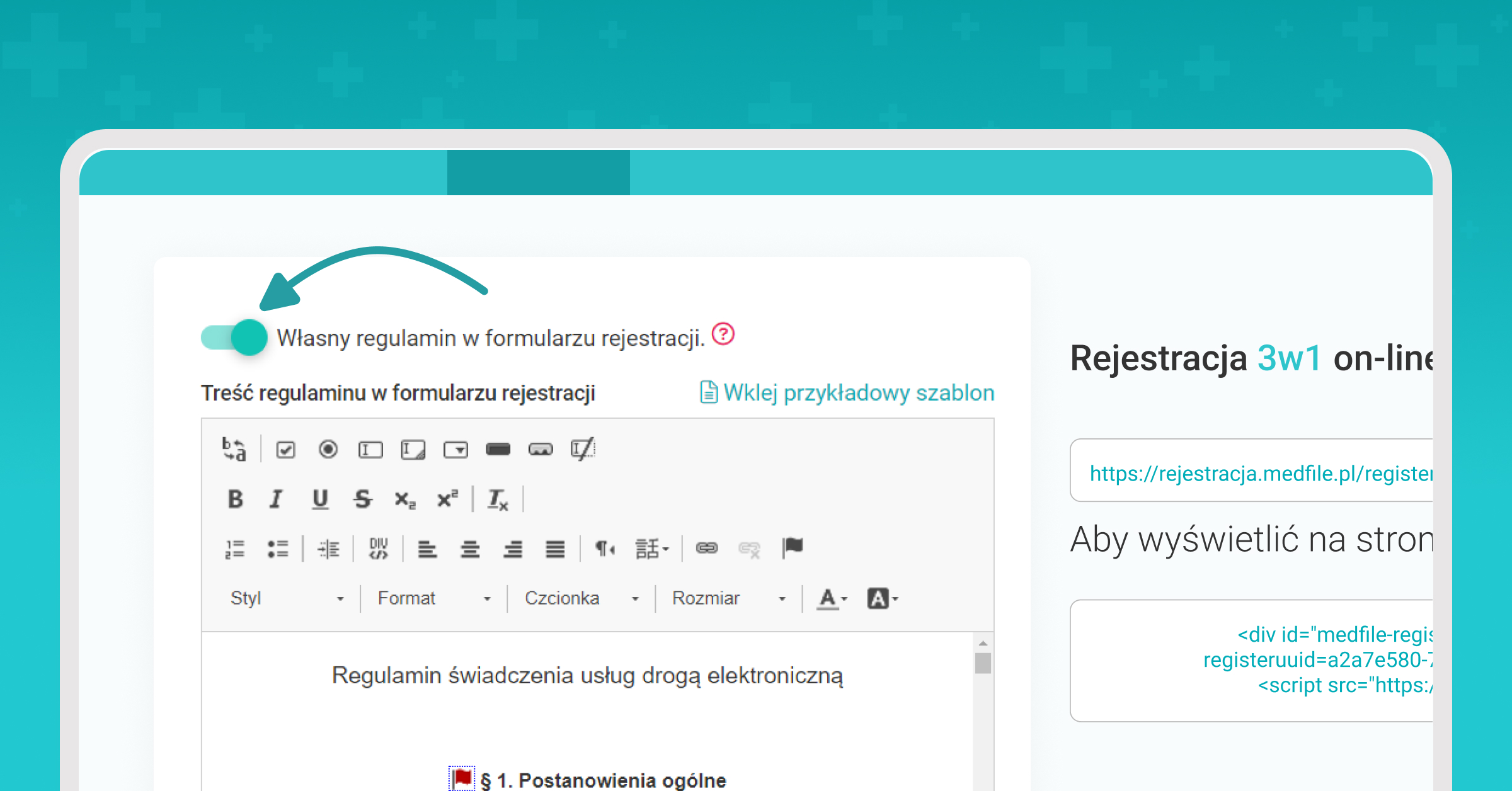 Rejestracja online, własny regulamin w formularzu rejestracji