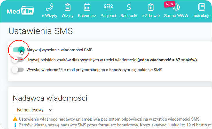 Ustawienia SMS, uruchomienie wysyłania wiadomości SMS