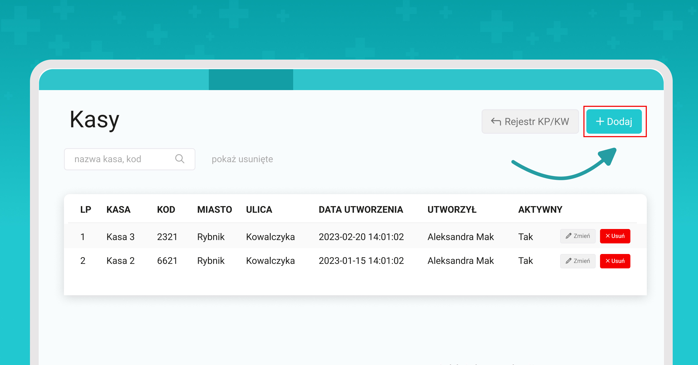 Rejestr KP/KW – Dodawanie kasy 