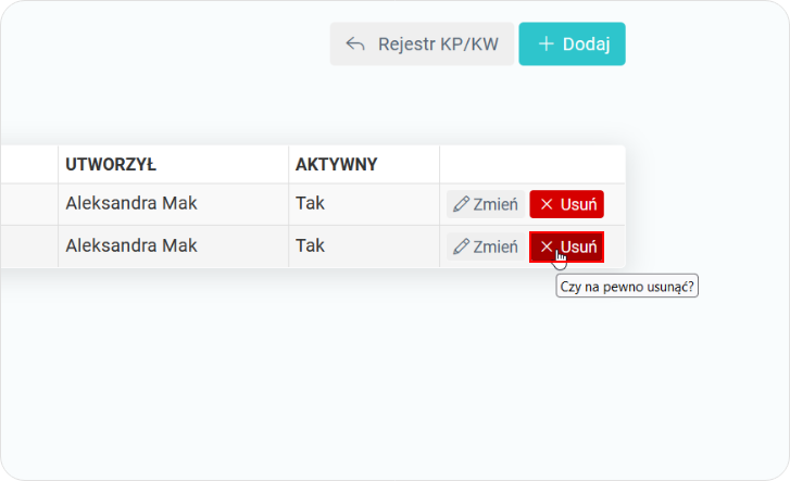 Rejestr KP/KW – Usuwanie kasy 