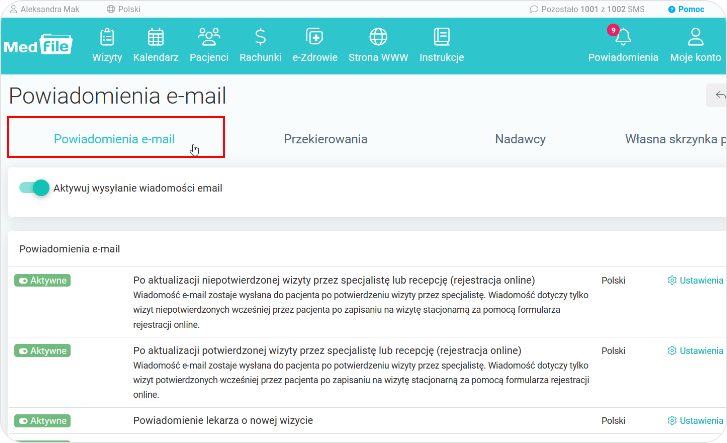 Zakładki do nawigacji między powiadomieniami e-mail