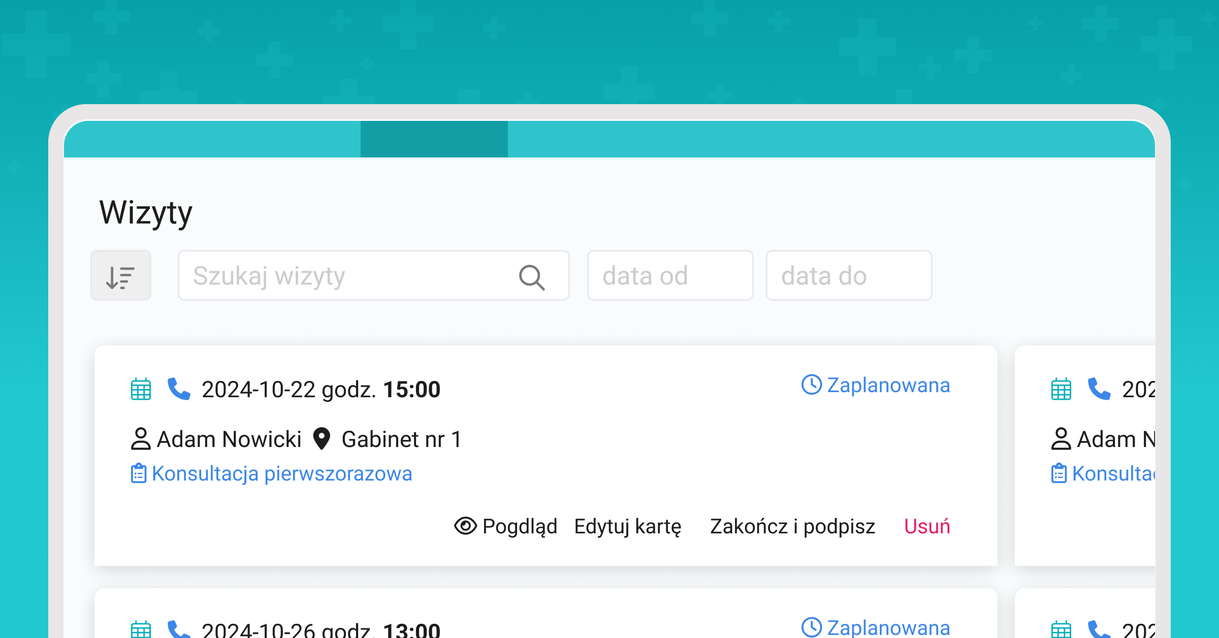 Podgląd wizyt w kartotece pacjenta 