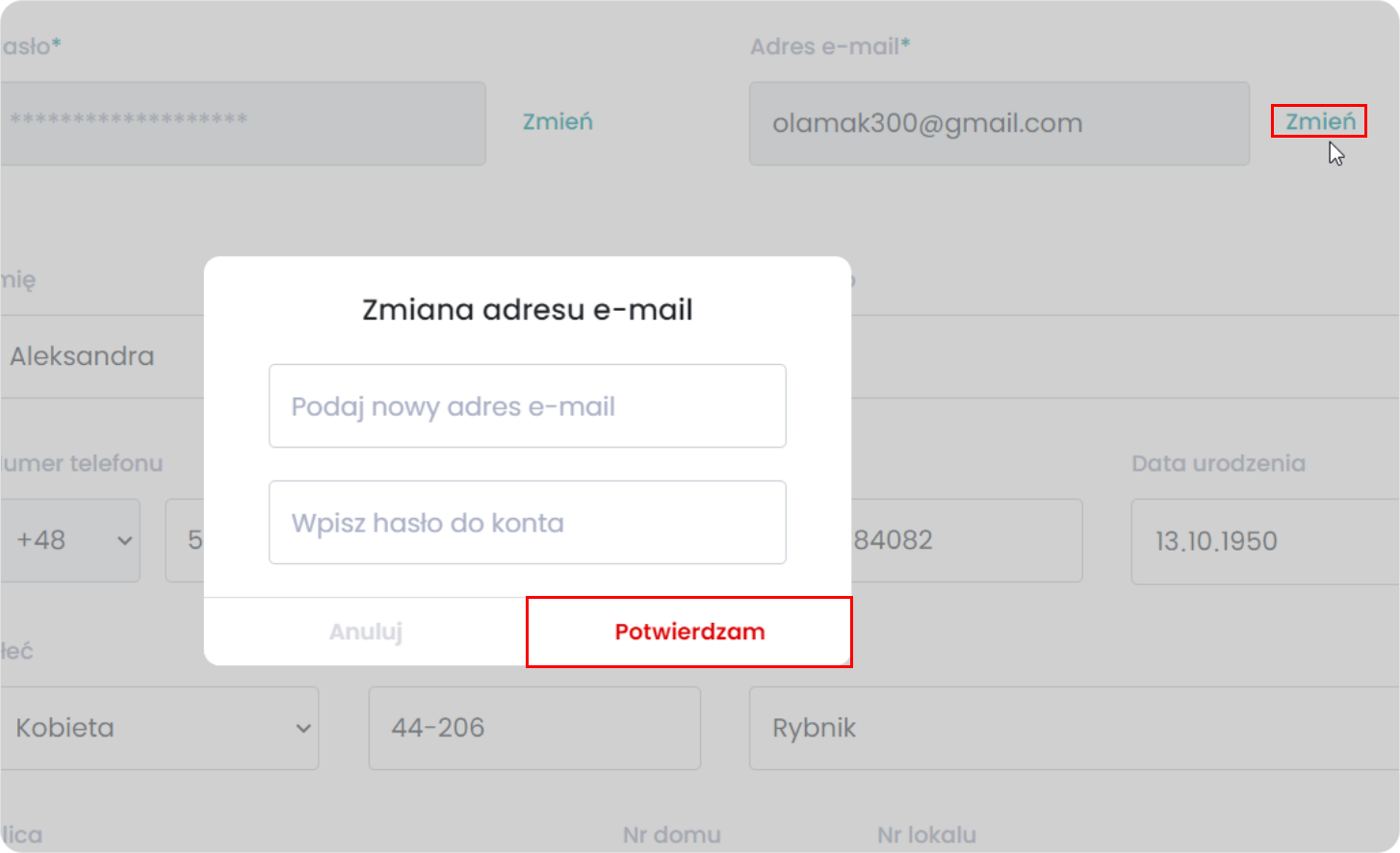 Zmień adres e-mail w profilu pacjenta