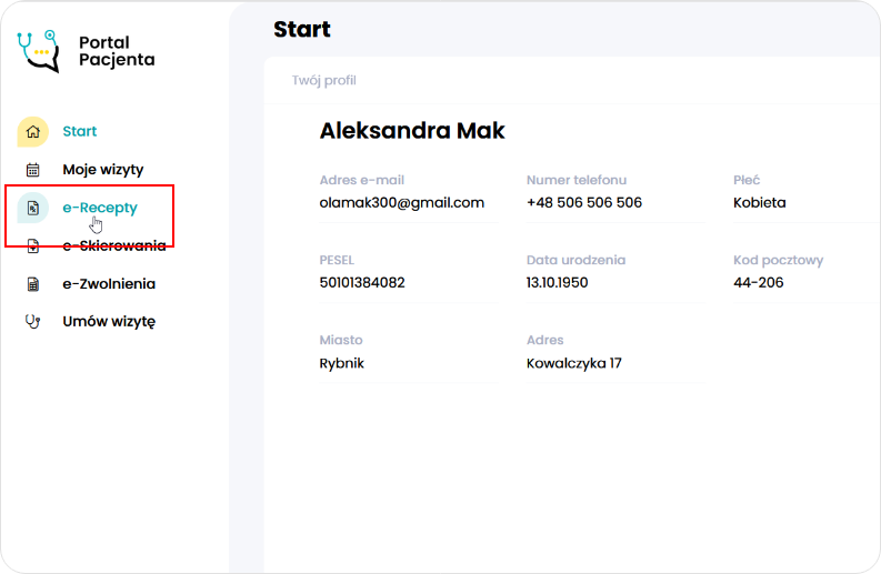 Wybierz opcję e-Recepty w Portalu Pacjenta