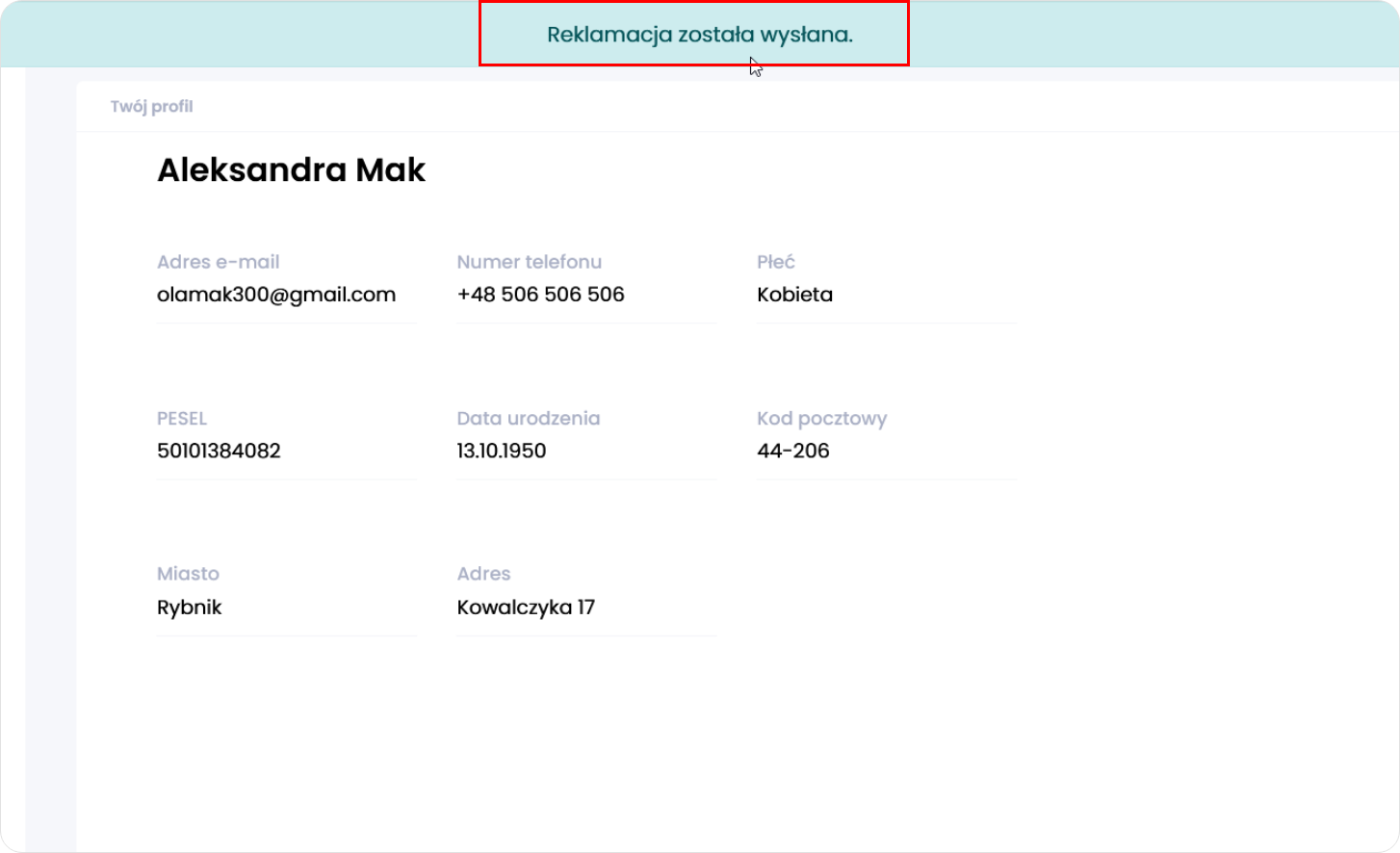 Reklamacja została wysłana