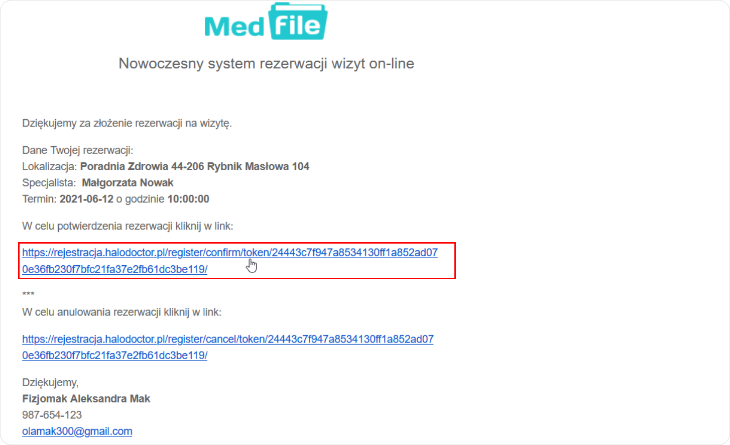Kliknij w link w celu potwierdzenia rejestracji na wizytę w gabinecie