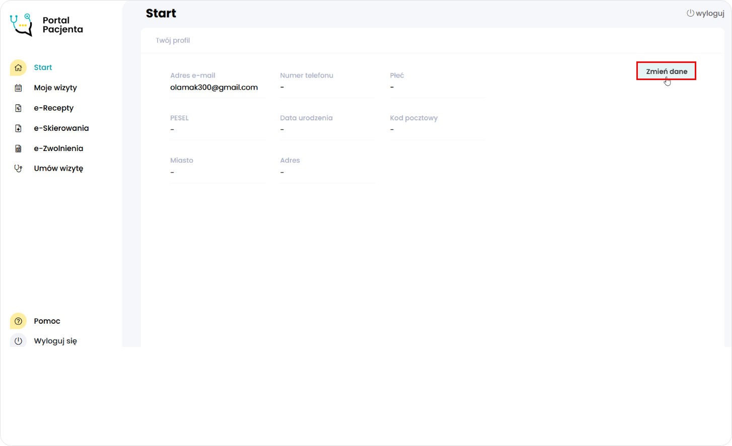 Wybierz przycisk Zmień dane w profilu pacjenta
