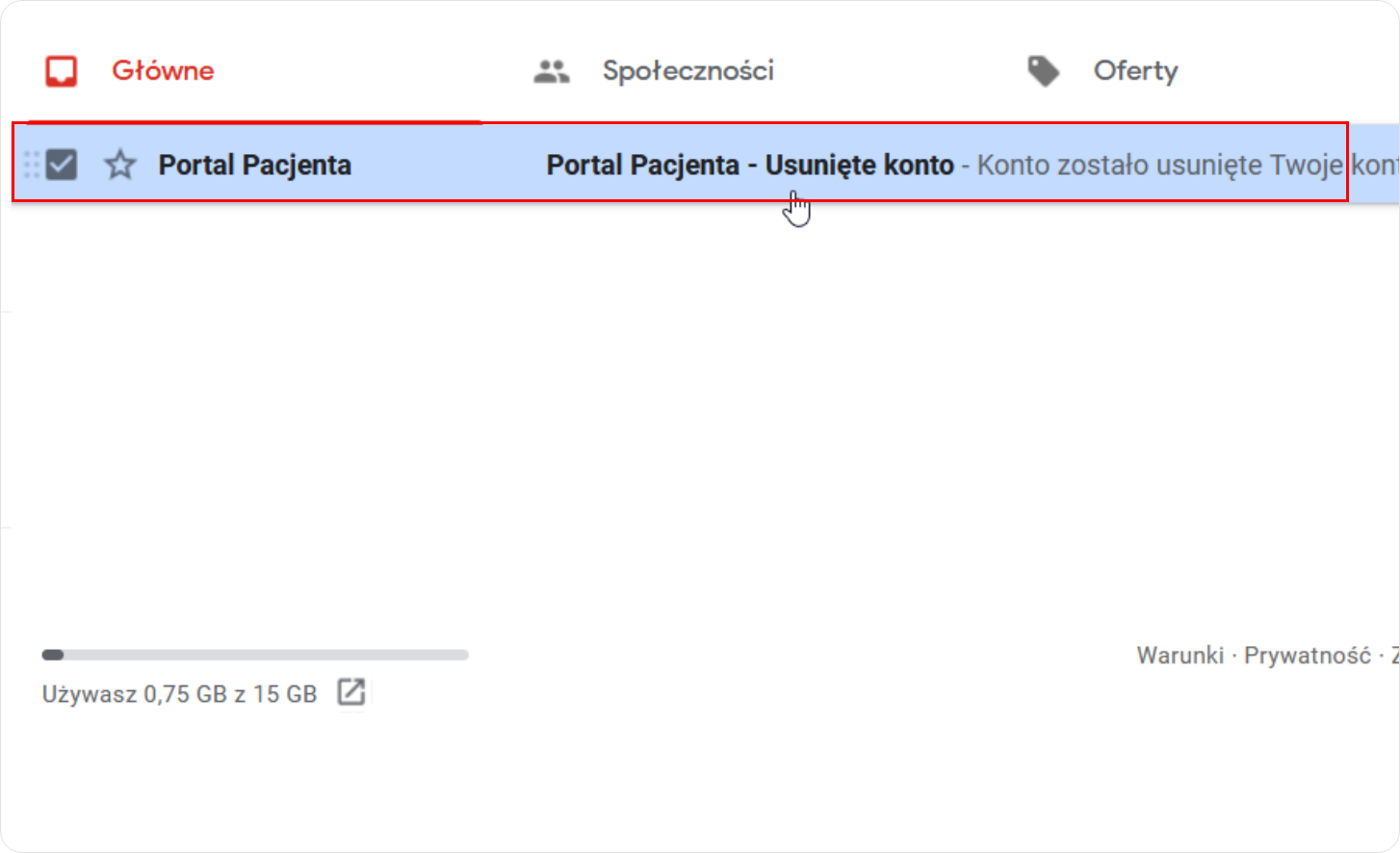 Wiadomość e-mail Portal Pacjenta - Usunięte konto