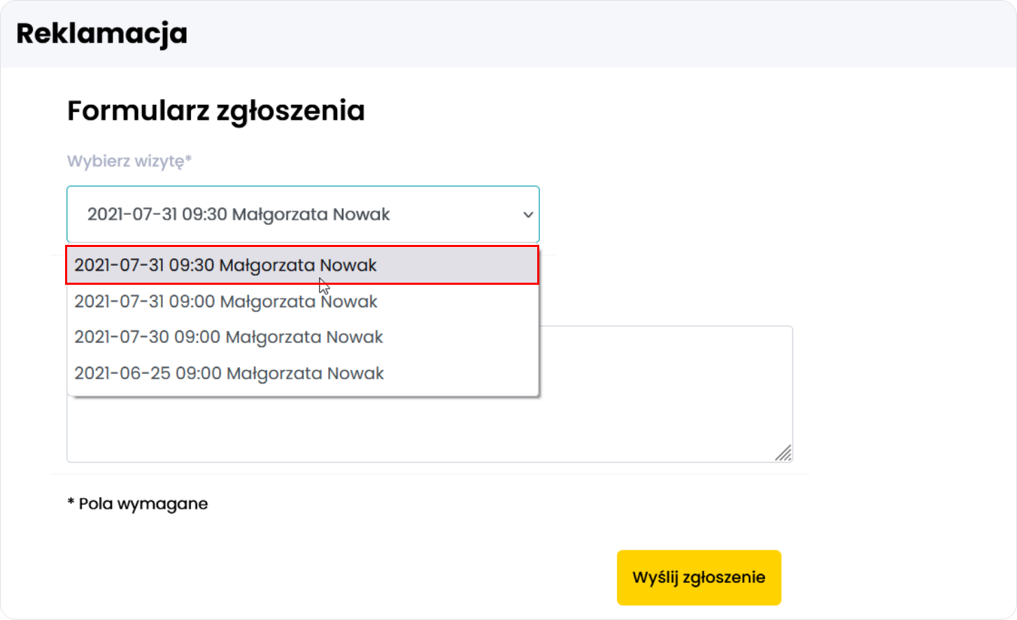 Wybierz wizytę w formularzu zgłoszenia