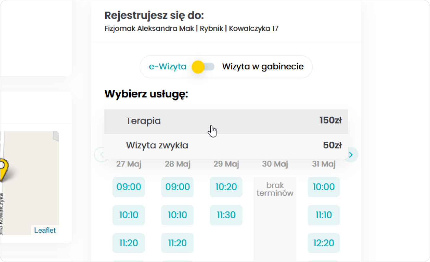 Wybierz usługę podczas rejestracji