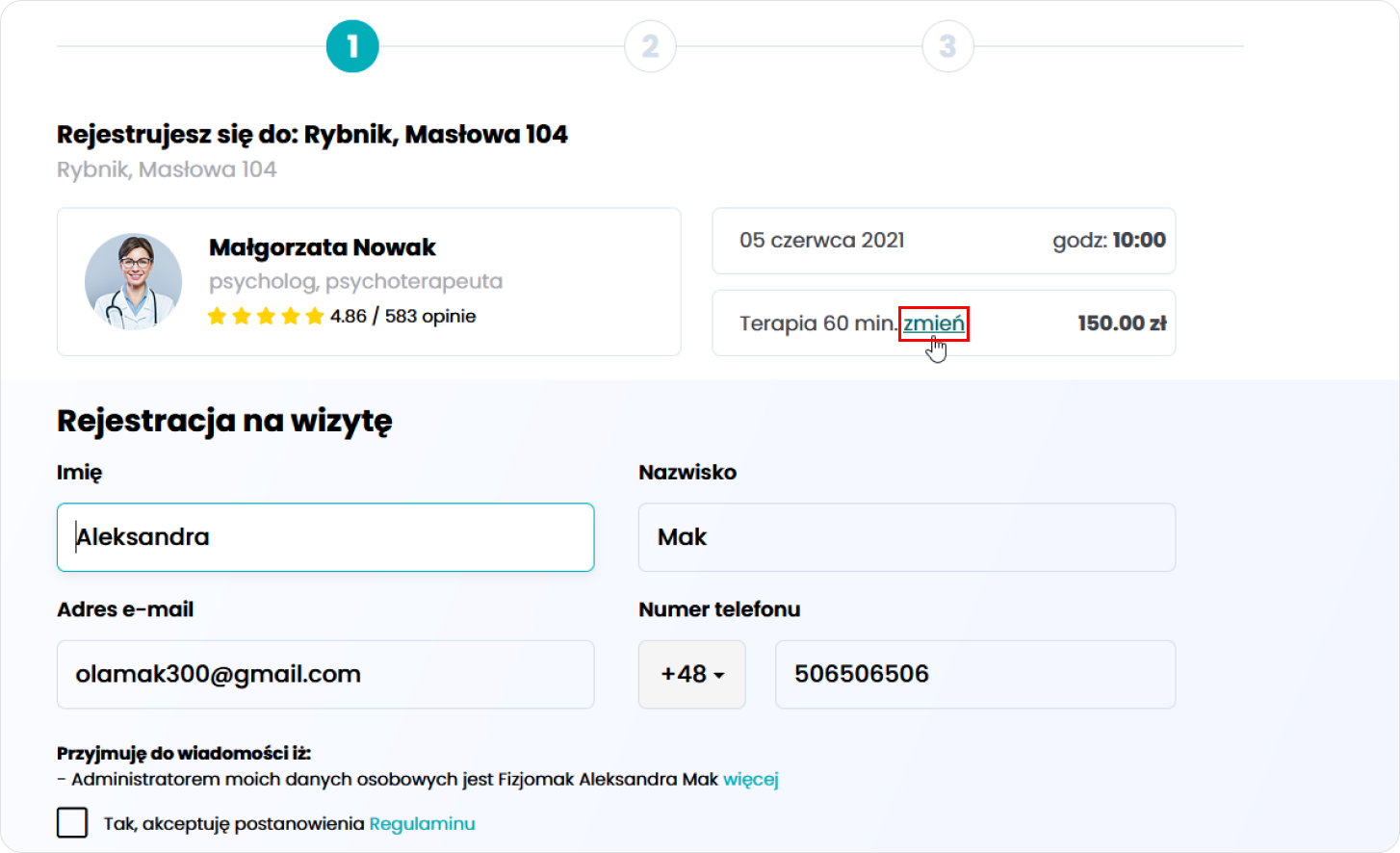 Zmień usługę podczas rejestracji