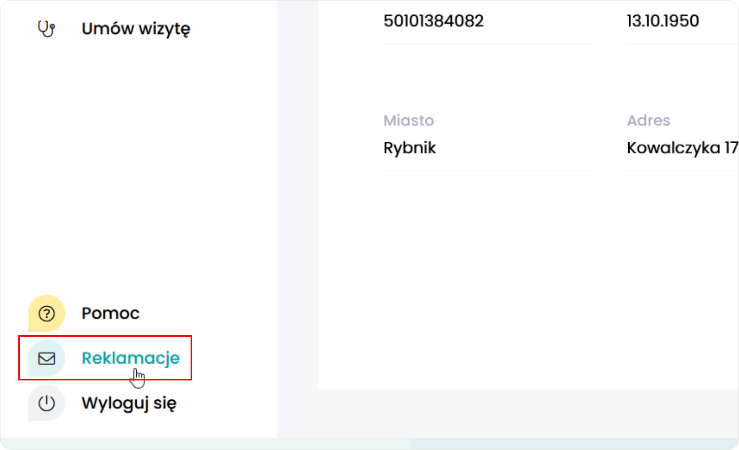 Kliknij w Reklamacje w Portalu Pacjenta