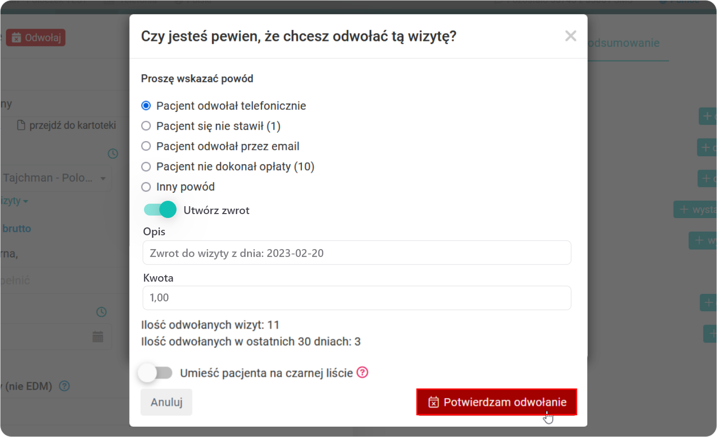 Utwórz zwrot płatności za wizytę