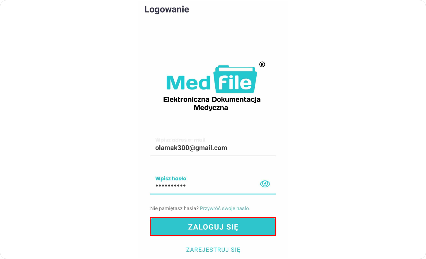 Zaloguj się do aplikacji Medfile 