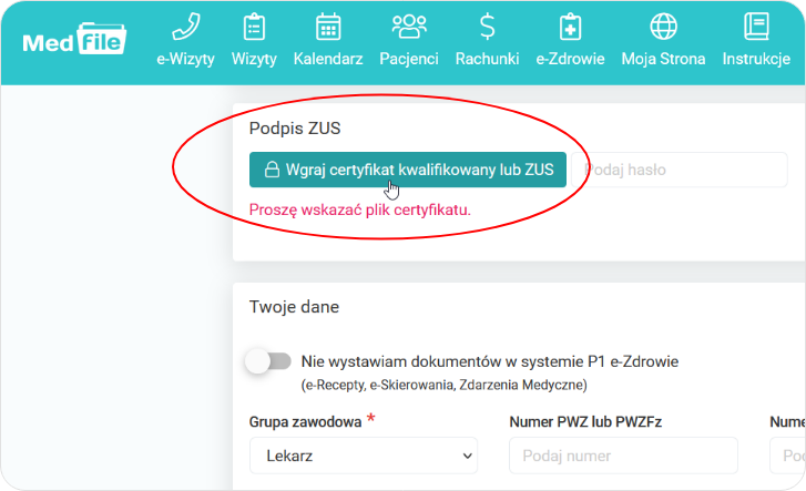 Wgraj certyfikat ZUS