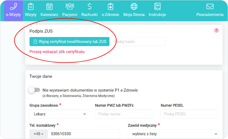 Wgraj certyfikat ZUS