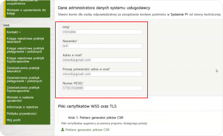 Uzupełnij Dane administratora danych systemu usługodawcy