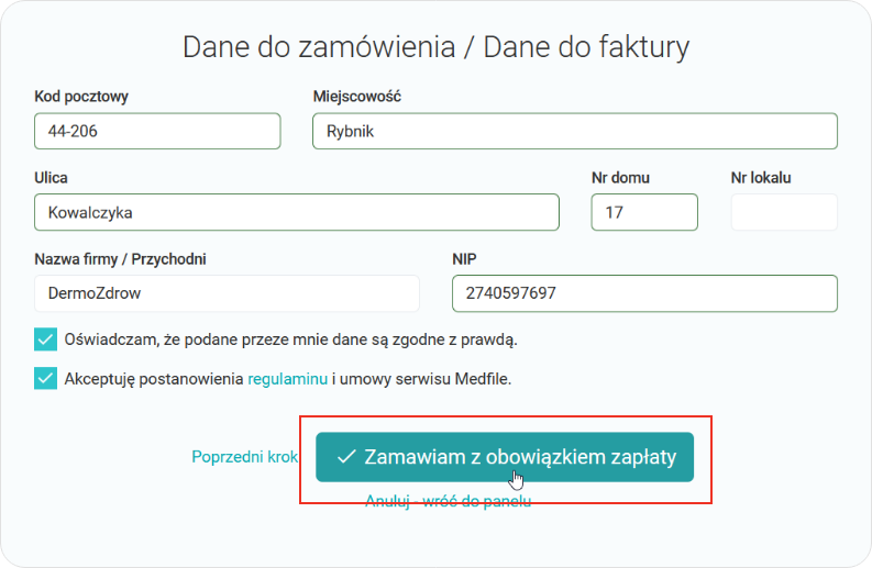 Wypełnij dane do zamówienia