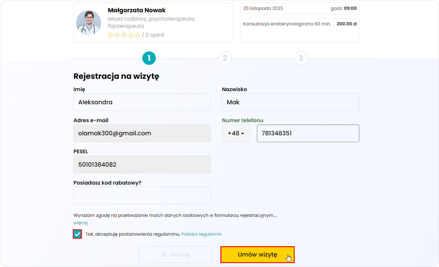 Uzupełnij dane osobowe i zaakceptuj regulamin