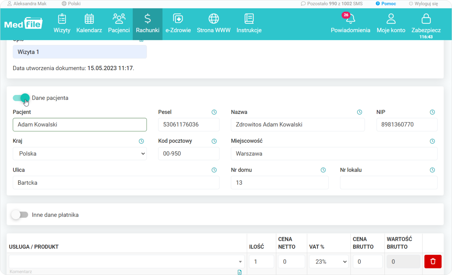 Uzupełnienie danych pacjenta faktura vat