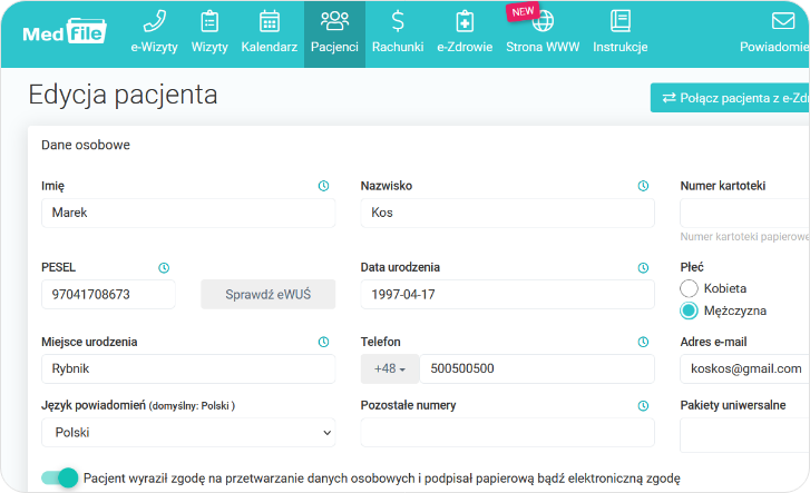 Wypełnij dane personalne pacjenta