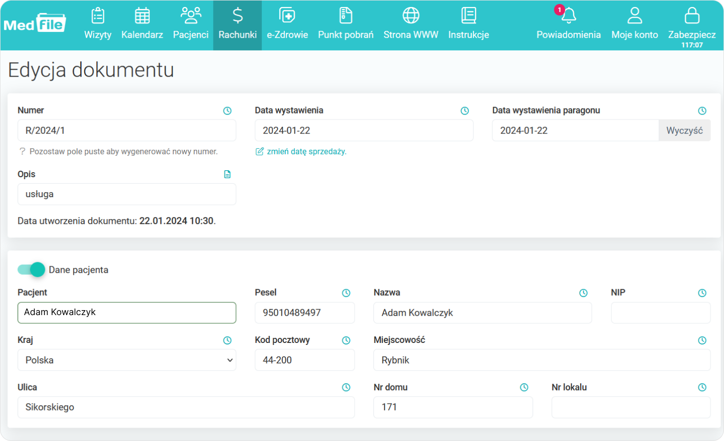 Uzupełnij dane rachunku oraz pacjenta 