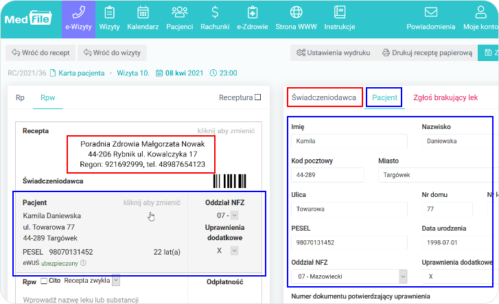 Edycja danych świadczeniodawcy i pacjenta