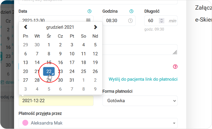 Wybierz datę opłacenia wizyty