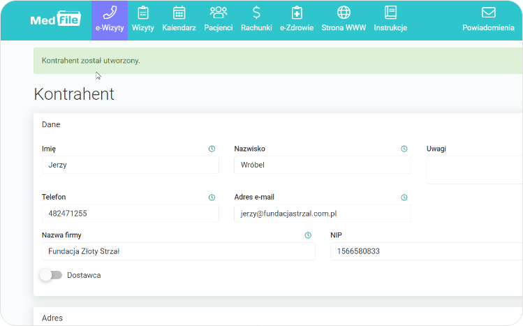 Kontrahent został utworzony