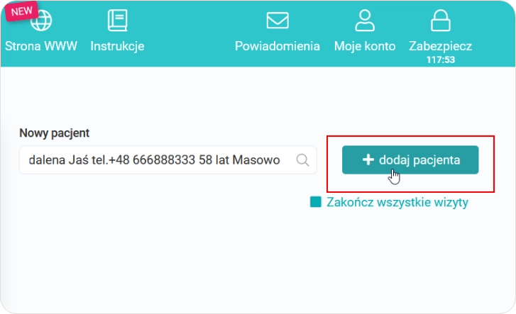 Kliknij dodaj pacjenta