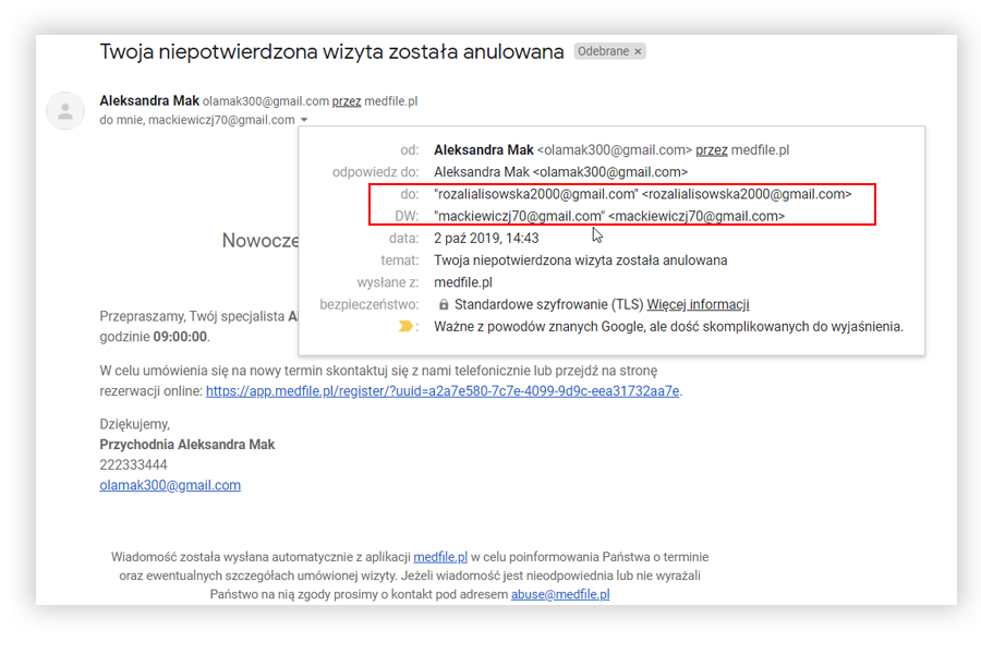 e-mail wysłany do pacjenta wraz z jego kopią do lekarza