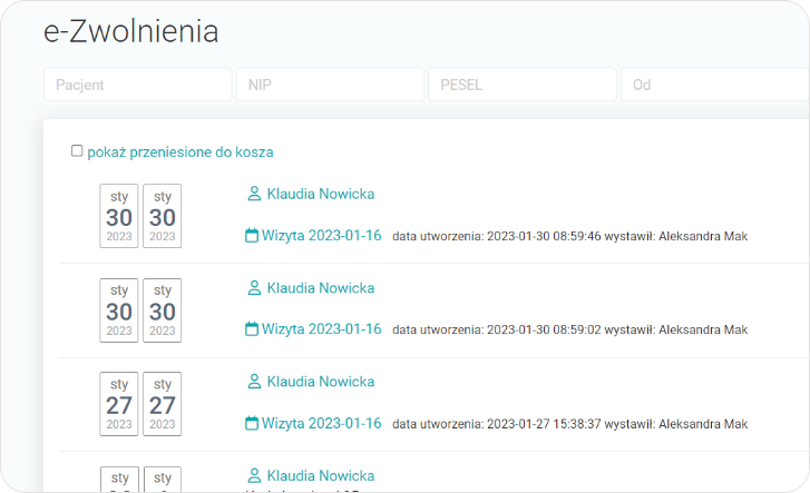 Widok zakładki e-Zwolnienia  