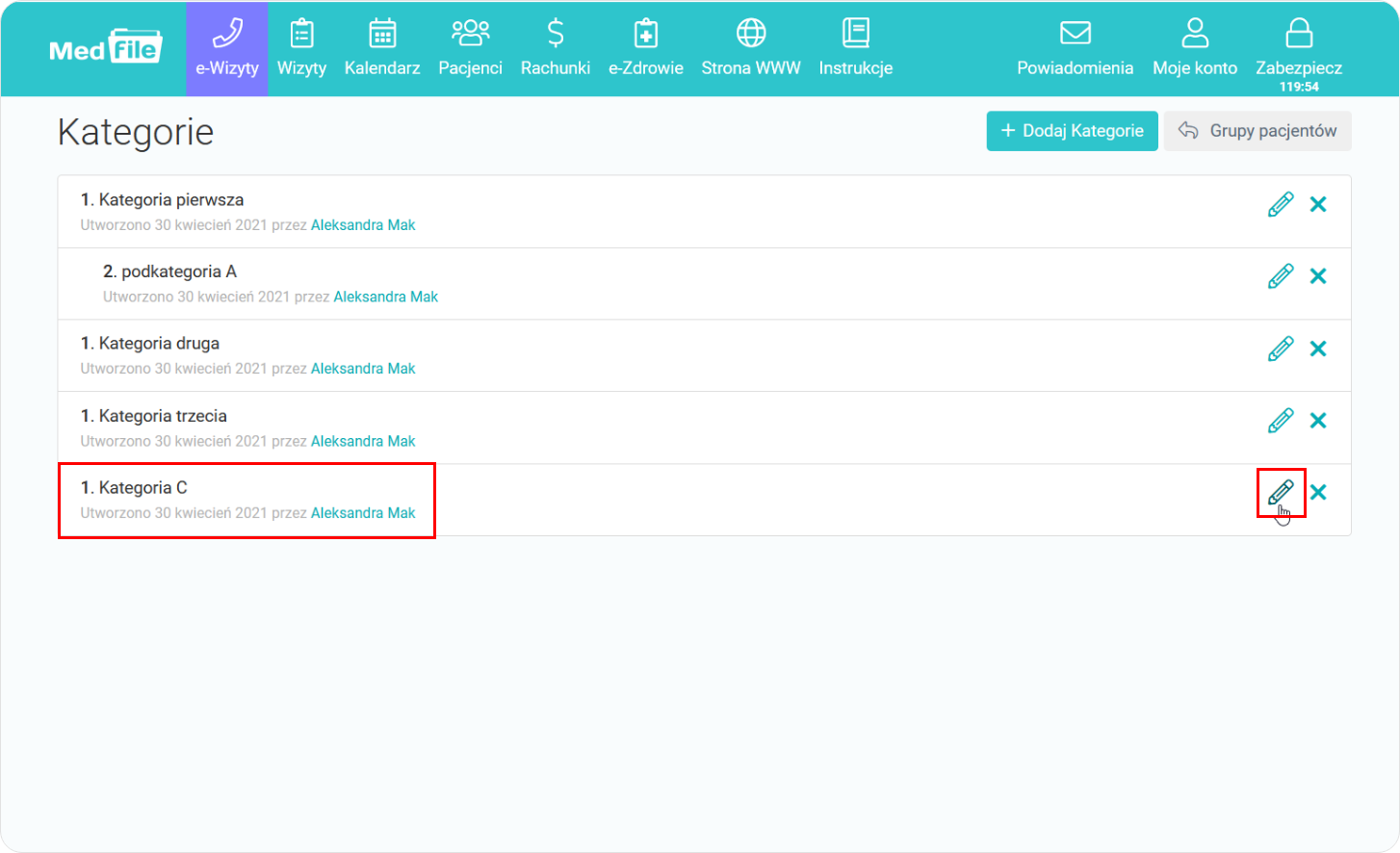 Edycja wybranej kategorii w grupach pacjentów