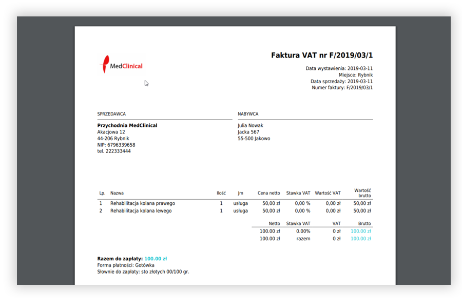 Faktura VAT z logiem placówki