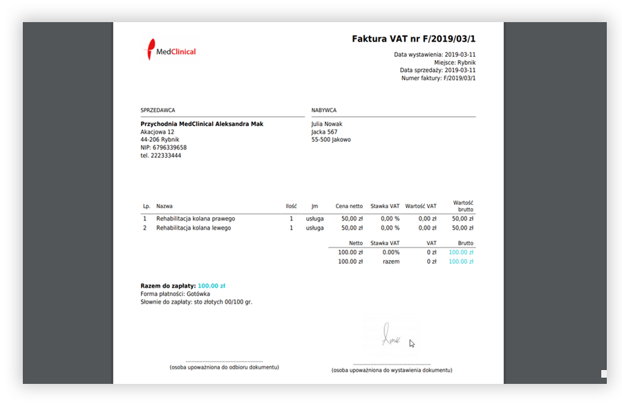 Faktura VAT z podpisem