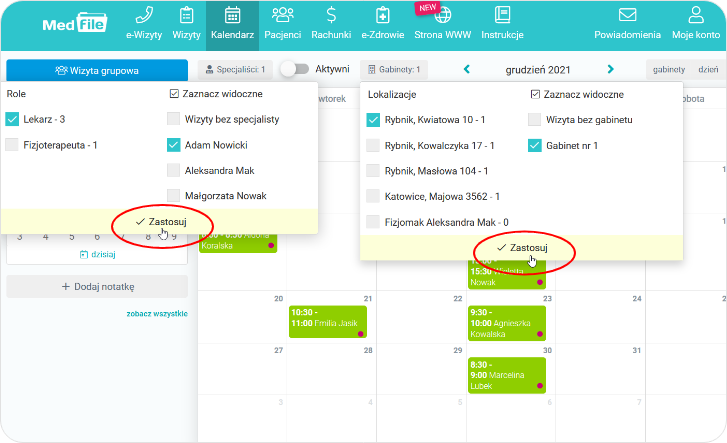 Widok kalendarza z filtrem specjalisty i gabinetu
