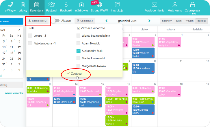 Widok kalendarza z filtrem specjalisty