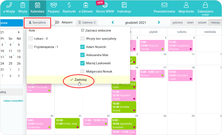 Widok kalendarza z filtrem wielu specjalistów
