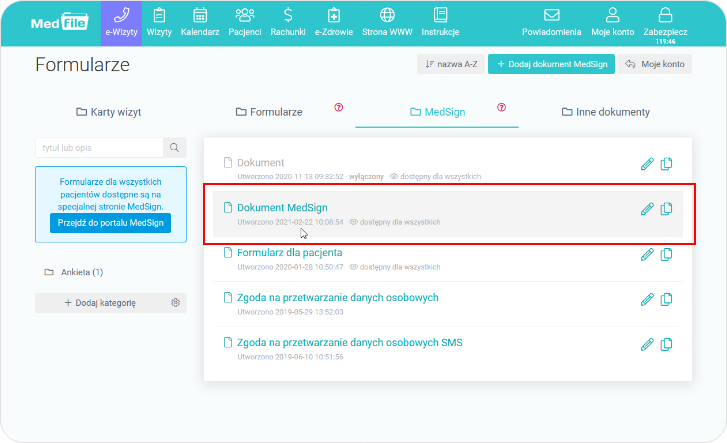 Widok stworzonego formularza na liście dokumentów MedSign