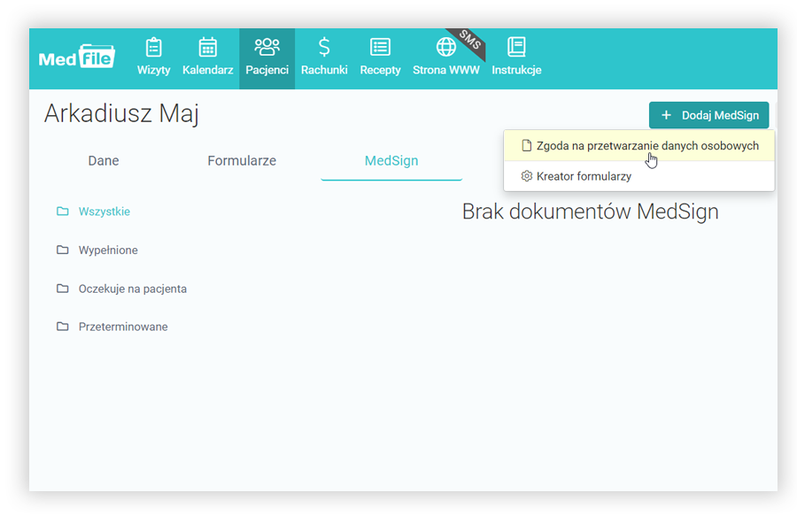 Dodaj formularz MedSign do kartoteki pacjenta