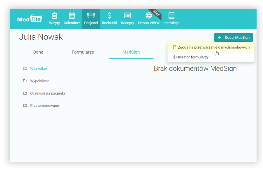 Dodaj formularz MedSign do kartoteki pacjenta