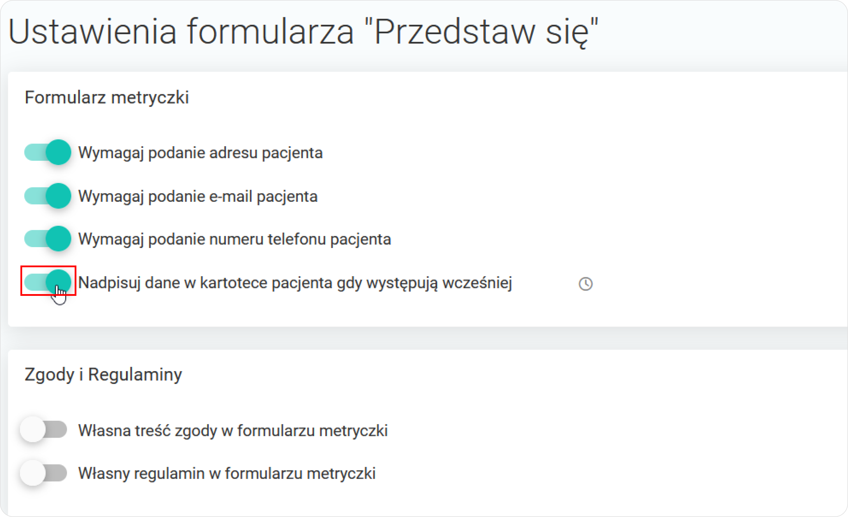 Ustawienia formularza metryczki 