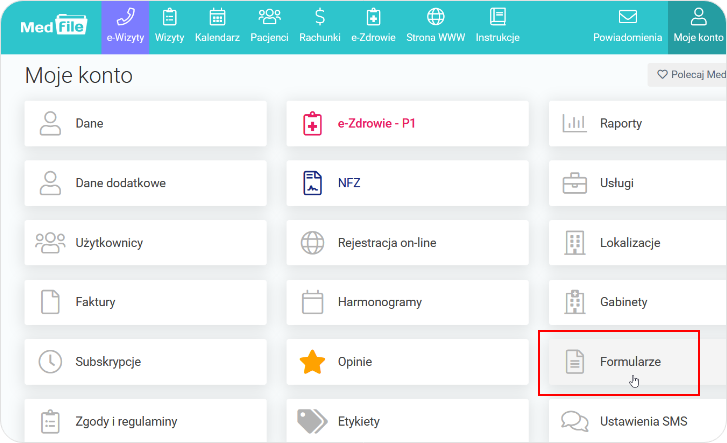 Wybierz Formularze z poziomu Moje konto