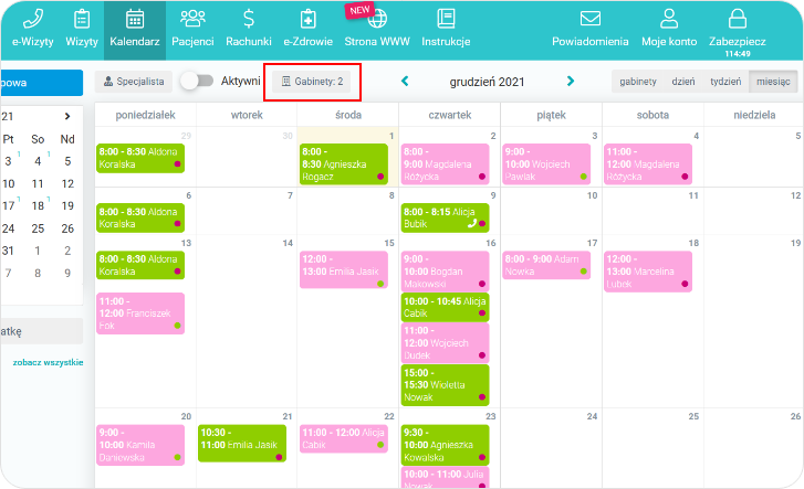 Widok kalendarza wybranego gabinetu
