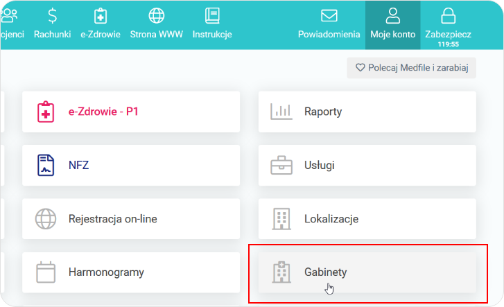 Wskaż na Gabinety na poziomie Moje konto